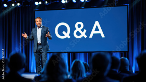 Question answer session corporate seminar stage presentation audience conference speaker blue screen discussion lecture meeting business event
