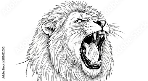 Foto Black and white line art sketch of a roaring lion profile view on white backgrou