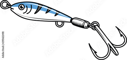Foto A colorful of a fishing lure with a blue and white striped body and a sharp meta