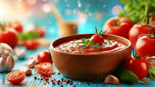 Fresh Tomato Soup with Herbs and Cherry Tomatoes in a Rustic Bowl on a Blue Table