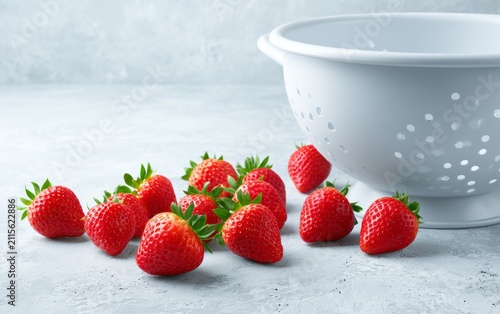 Freshly Harvested Strawberries Next to a White Colander on a Light Background