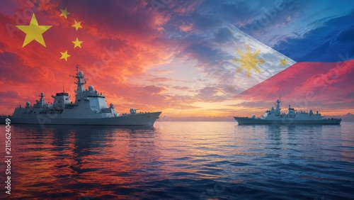 China and Philippines Naval Standoff at Sunset in the South China Sea with Warships and National Flags