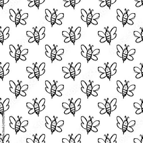 Seamless pattern with hand drawn happy funny cute honey bee Adorable flying striped insect friendly kawaii bumble bee For kids print, wrapping paper, packaging, fabric