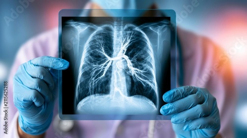 Physician Reviewing Chest X-Ray of Patient in Hospital Setting with Medical Equipment