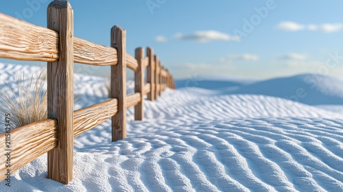 Scenic White Sand Dunes with Wooden Fence Under Clear Blue Sky