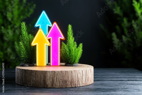 Three colorful arrows pointing up on a wooden stump with evergreen trees