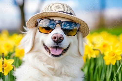 A dog wearing a straw hat and sunglasses in a field of yellow flowers