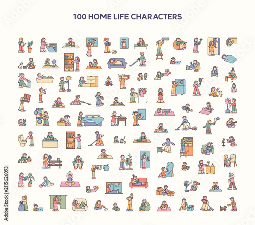 100 home life characters showing daily routines, housework, self care, cleaning, cooking, reading, healthy habits and home activities in cute outline vector style.