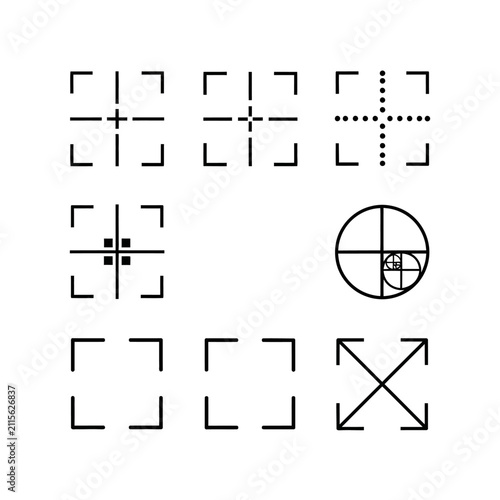 Set of minimalist focus targets, camera crosshairs, and framing elements on a white background.