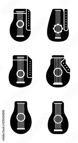 Set of minimalist black acoustic guitar icons on white background