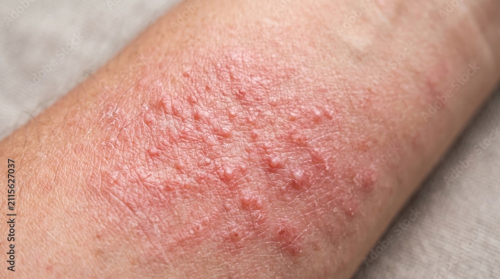 Fototapeta premium Close up of an arm skin showing signs of a red allergic reaction with small bumps and dry texture dermatitis close-up