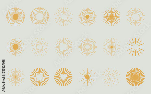 Eighteen minimalist golden sunburst icons representing radiant light and warmth arranged on a neutral background for boho design.