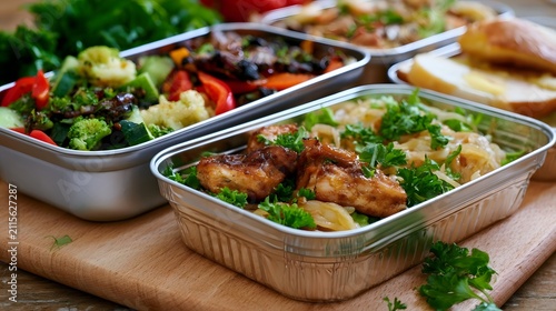 Freshly prepared meals in aluminum containers on a wooden cutting board  featuring chicken  vegetables  and herbs