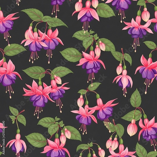 Vibrant Fuchsia Blooms Dance on Moody Charcoal Background - Digital Floral Art