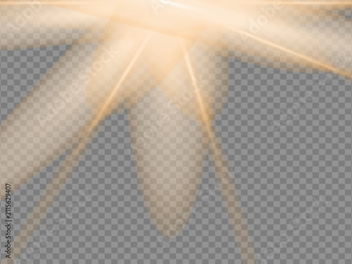 Vector transparent sunlight special lens flash light effect.front sun lens flash. Vector blur in the light of radiance. Element of decor. Horizontal stellar rays and searchlight.	