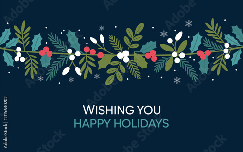 A festive horizontal garland of holly berries and pine branches creates a joyful holiday mood on a dark winter night background.