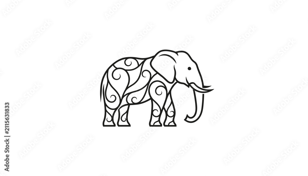 Fototapeta premium Ornate elephant walking silhouette decorated with beautiful abstract black swirl patterns on plain white background.
