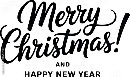 Elegant black script Merry Christmas and Happy New Year text isolated on a minimalist white background for festive joy.