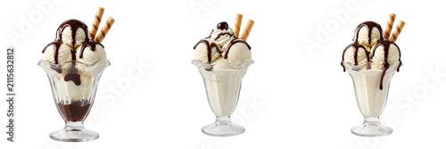 Three ice cream sundaes with chocolate sauce and wafer sticks isolated on transparent background