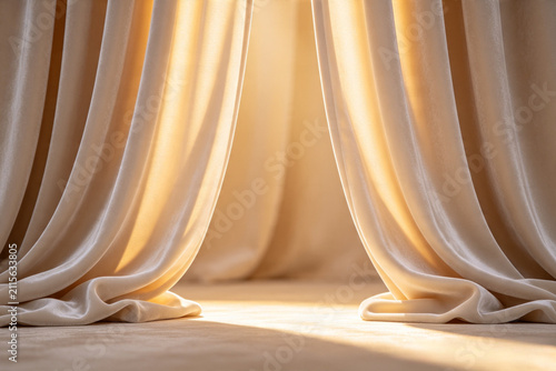 Elegant Light Beige Velvet Curtains Opened To Reveal A Warm Glowing Interior Space