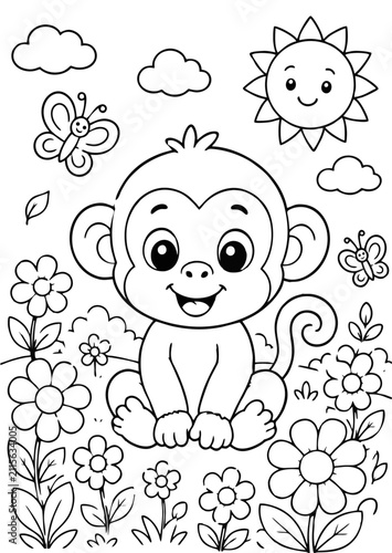 Wall Mural Cute and happy baby monkey sitting in a sunny flower garden with butterflies and clouds