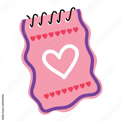 Cute pink spiral notepad with heart print vector illustration isolated on white background for school and stationery design