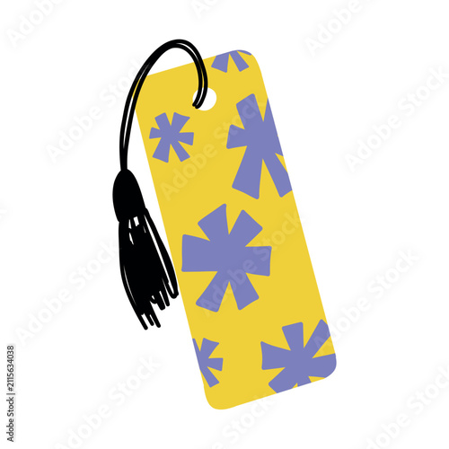 Yellow bookmark with purple abstract pattern and black tassel, reading accessory