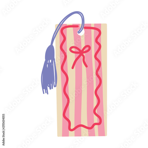 Hand-drawn striped book bookmark with tassel and bow isolated on white