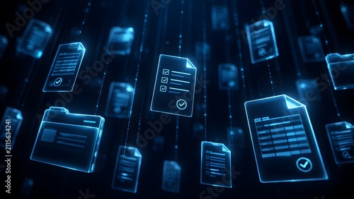 Digital folders and files floating in a matrix style cyberspace background representing cloud storage and data archiving
