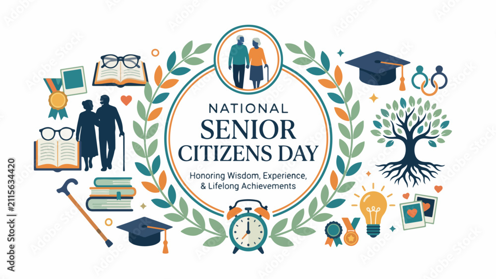 Fototapeta premium National Senior Citizens Day Vector Illustration with Elegant Typography Elderly Couple Silhouette Books Glasses and Wisdom Symbols on White Background
