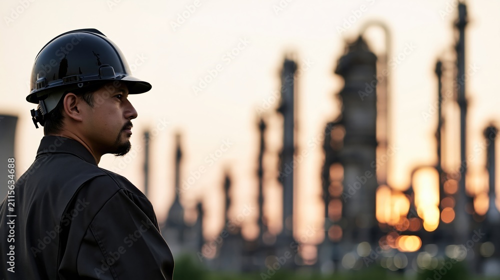 Obraz premium Industrial worker in hard hat overlooking refinery complex at sunset, representing energy sector careers