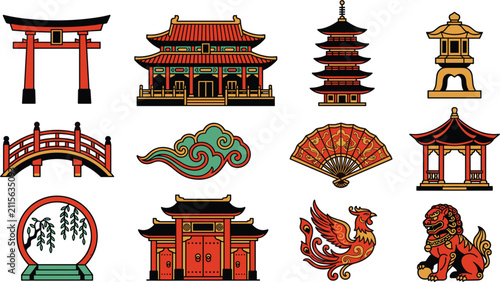 Canvastavla Traditional Asian Architecture and Cultural Icon Set with Torii Gate Pagoda Temp