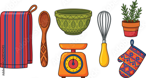 Foto PrintKitchen utensils vector icon set featuring towel wooden spoon mixing bowl manual scale whisk oven mitt potted herbs