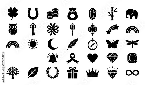 Elegant Lucky Charm Silhouette Collection for Fortune Success and Prosperity Vector Icons