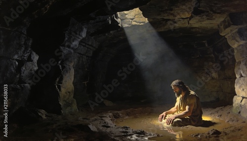 Classical painting of Prophet Jeremiah sitting in a dark muddy cistern with a single light beam copy space