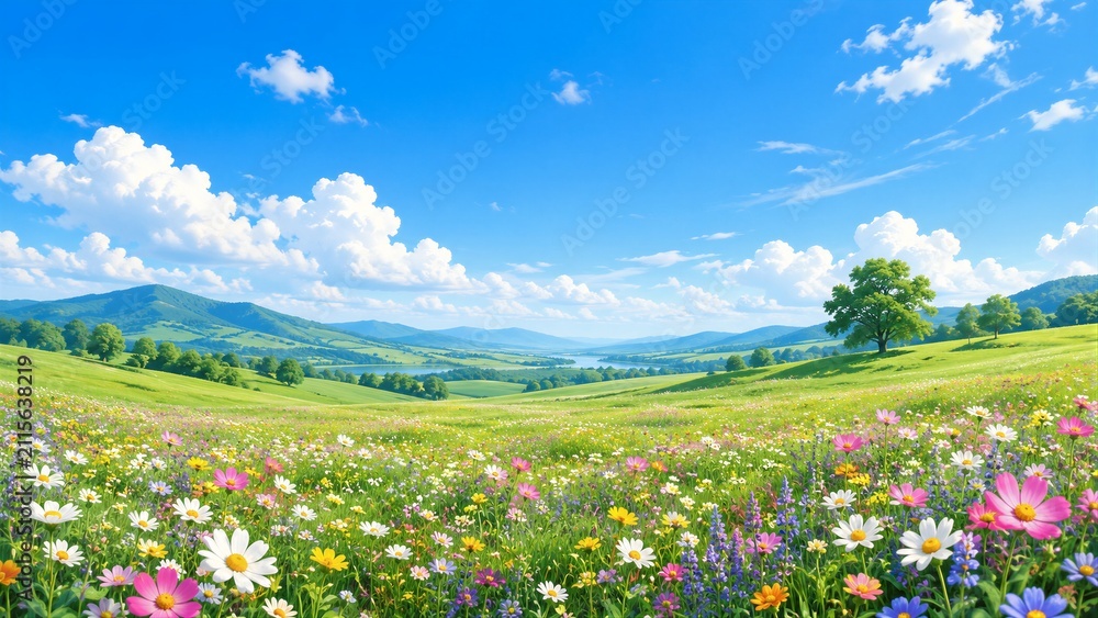 Obraz premium A wide view shows a field filled with many flowers of different colors. Green hills rise in the background under a sunny sky with clouds.