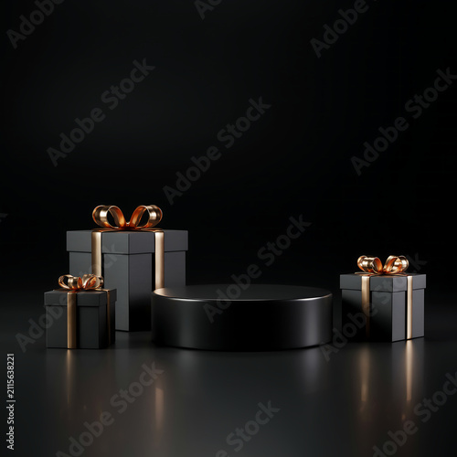 Luxury black gift boxes with golden ribbons and podium stand transparent background