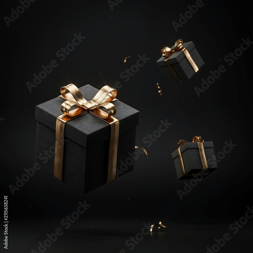 Luxury black gift boxes with golden ribbons floating in mid air for seasonal holiday shopping transparent background