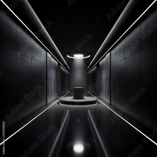 Modern futuristic empty gallery corridor with a central display pedestal illuminated by a bright spotlight in a minimalist architectural space transparent background