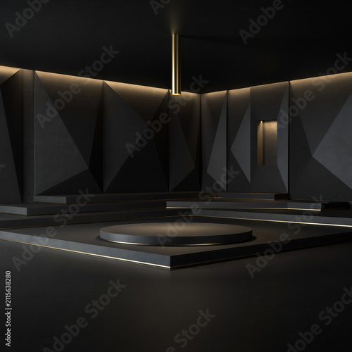 Modern luxury product display podium with dark geometric textured walls and golden light accents transparent background