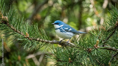 Cerulean warbler perched on a pine branch. Small blue songbird resting in a coniferous tree.