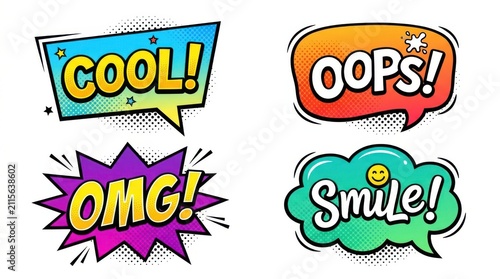 Comic speech bubbles with text expressions. Pop art style chat clouds for social media.