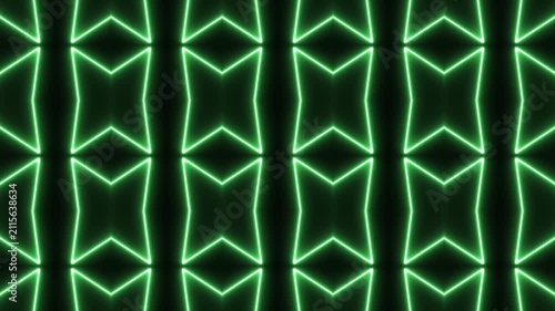 Green Glowing Neon Diamond Grid Kaleidoscope Pattern Motion Graphic Seamless VJ Loop Background for Stage Visuals.