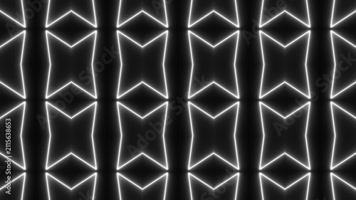 White Glowing Neon Diamond Grid Kaleidoscope Pattern Motion Graphic Seamless VJ Loop Background for Stage Events and Music Videos.