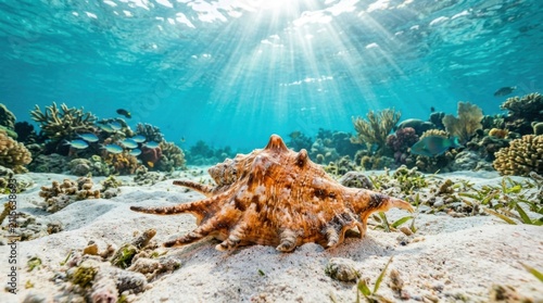 Octopus on a tropical coral reef. Marine life swimming in clear blue ocean water.