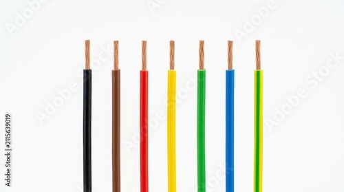 Multi-colored electrical wires. Copper cables with insulation for industrial power connection.
