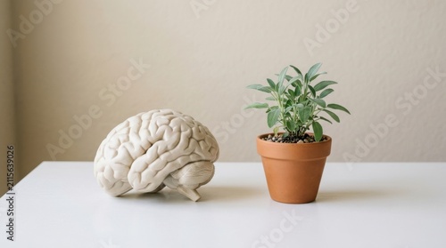 Human brain model next to a small green plant. Mental health and personal growth concept.