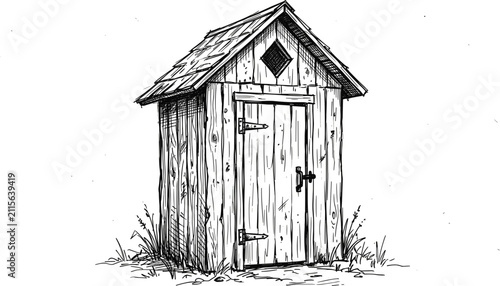 Obraz na płótnie Vintage Wooden Outhouse Vector Sketch Illustration with Shingle Roof and Diamond