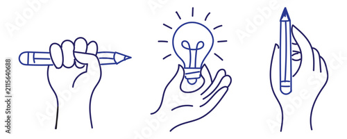 Set of human hands hold pencils and light bulb, creative idea and thinking process, vector illustrations.