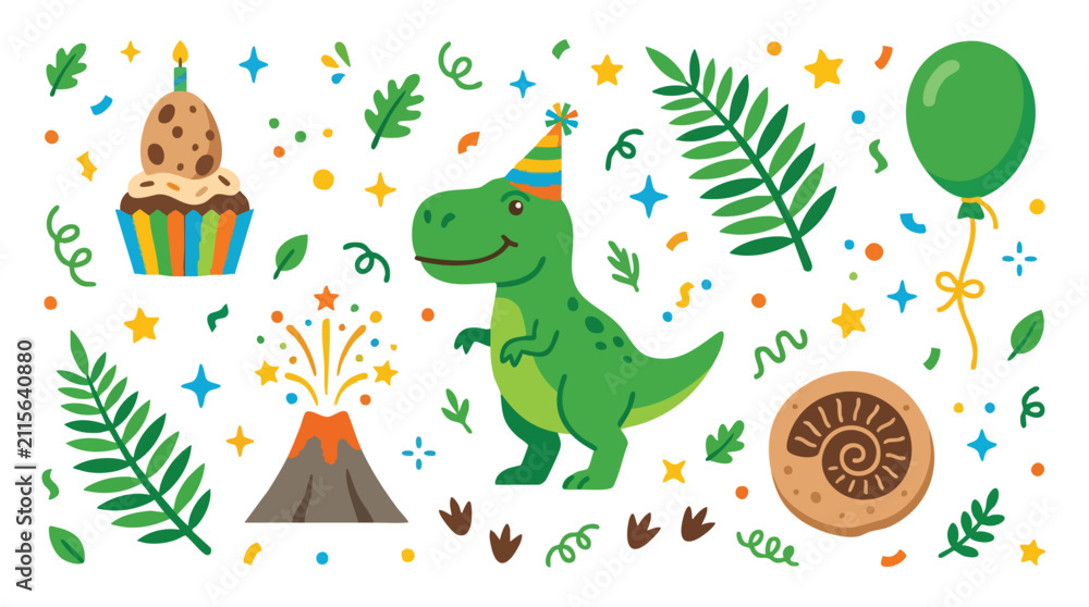Fototapeta premium Cute T-Rex Dinosaur Birthday Party Flat Vector Illustration Set